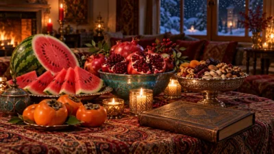 سفره شب یلدا با هندوانه، انار، آجیل، خرمالو و شمع