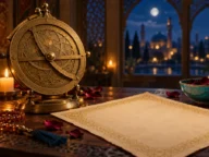 فال ابجد؛ اسطرلاب برنجی، شمع و کاغذ کهنه با نقش گرهچینی