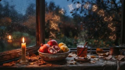 فال ماهانه آبان ۱۴۰۵؛ انار و به کنار پنجره بارانی در شب پاییزی