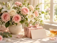 متن تبریک روز مادر؛ دسته گل رز صورتی، جعبه کادو و کارت تبریک