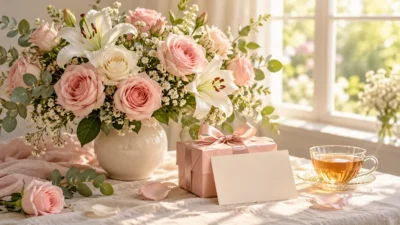 متن تبریک روز مادر؛ دسته گل رز صورتی، جعبه کادو و کارت تبریک