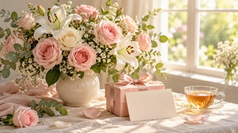 متن تبریک روز مادر؛ دسته گل رز صورتی، جعبه کادو و کارت تبریک