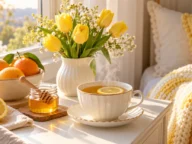 پیام آرزوی سلامتی برای بیمار؛ چای لیمو و عسل، پرتقال و گل لاله زرد کنار تخت