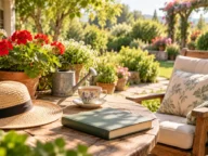 پیام تبریک بازنشستگی؛ میز باغ با کلاه حصیری، کتاب و فنجان چای در آفتاب