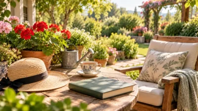 پیام تبریک بازنشستگی؛ میز باغ با کلاه حصیری، کتاب و فنجان چای در آفتاب