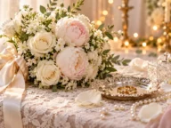 پیام تبریک ازدواج و نامزدی؛ دسته گل عروس، حلقههای طلا و مروارید روی رومیزی توری