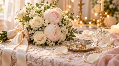 پیام تبریک ازدواج و نامزدی؛ دسته گل عروس، حلقه‌های طلا و مروارید روی رومیزی توری