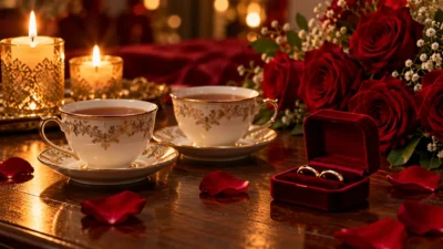 پیام تبریک سالگرد ازدواج؛ دو فنجان چای، حلقههای ازدواج و رز قرمز در نور شمع