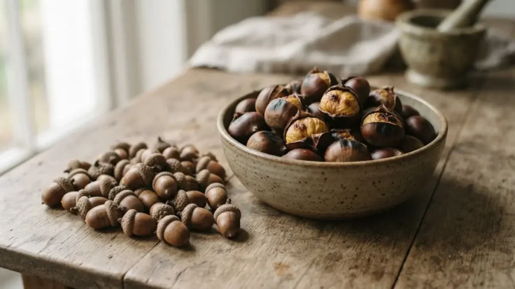 میوه بلوط و شاه بلوط برشته در ظرف