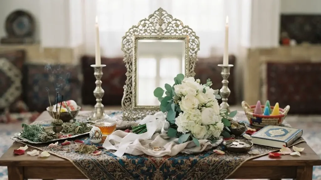 آینه، شمعدان و دسته گل روی سفره عقد