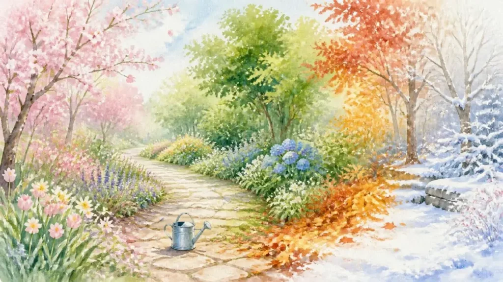 باغی با چهار فصل و آب‌پاش کوچک