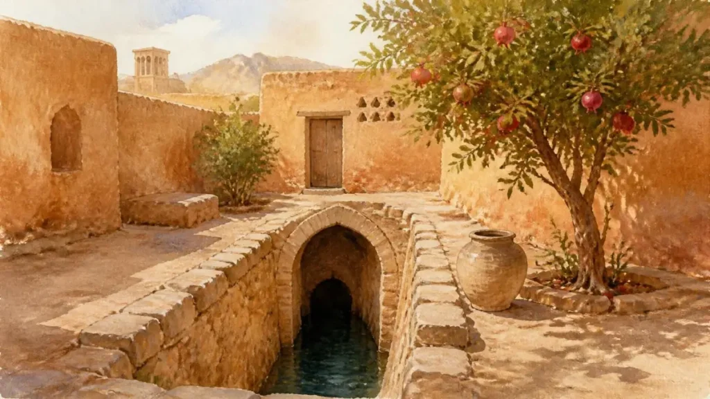 نقاشی آبرنگ دهانه قنات در روستایی کویری