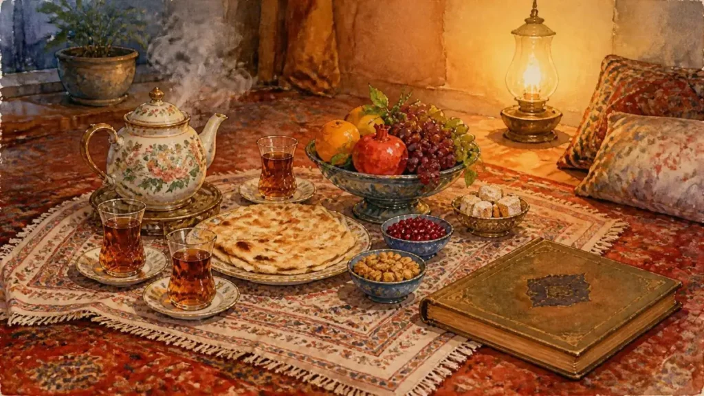نقاشی آبرنگ سفره خانوادگی با چای و میوه