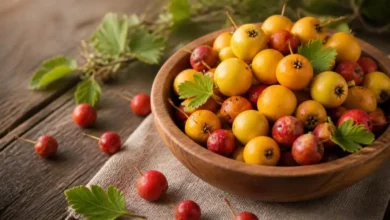 زالزالک زرد و قرمز تازه در کاسه چوبی